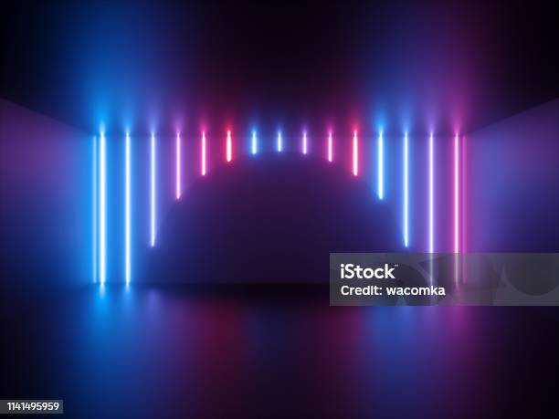 3d Rendering Rosafarbenes Neonlicht Senkrecht Leuchtende Linien Runde Form Ultraviolettes Spektrum Showbühne Abstrakter Hintergrund Stockfoto und mehr Bilder von Arkade