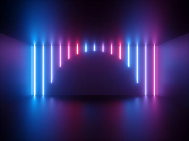 3d render, pink blue neon light, vertical glowing lines, round shape, ultraviolet spectrum, show stage, abstract background
