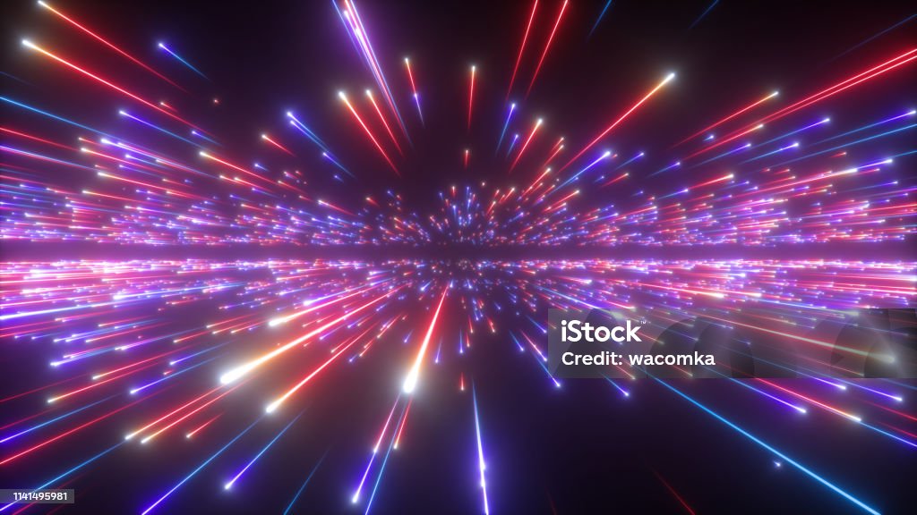3d render, red blue fireworks, abstract cosmic background, big bang, galaxy, falling stars, celestial, beauty of universe, speed of light, neon glow, cosmos, ultraviolet infrared light, outer space Quantum Stock Photo