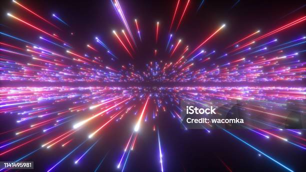 3d Render Red Blue Fireworks Abstract Cosmic Background Big Bang Galaxy Falling Stars Celestial Beauty Of Universe Speed Of Light Neon Glow Cosmos Ultraviolet Infrared Light Outer Space Stock Photo - Download Image Now