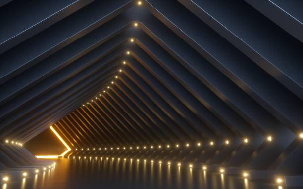 istock 3d render, abstract background, corridor, tunnel, virtual reality space, yellow neon lights, fashion podium, club interior, empty warehouse, floor reflection 1141496026
