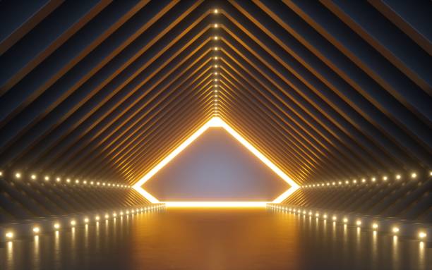 istock 3d render, abstract background, corridor, tunnel, virtual reality space, yellow neon lights, fashion podium, club interior, empty warehouse, floor reflection 1141496049