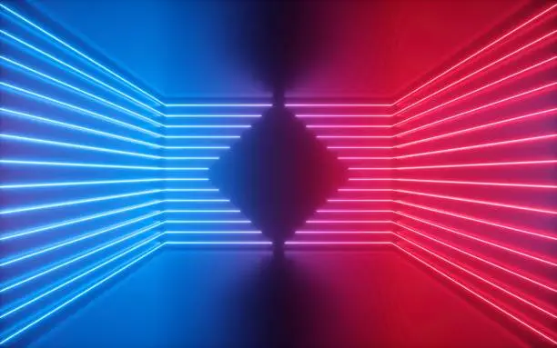 Photo of 3d render, red blue neon lines, rhombus shape inside empty room, virtual space, ultraviolet light, 80's style, retro disco club interior, fashion show stage, abstract background
