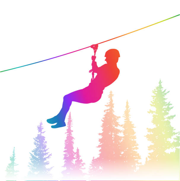 Thrilling Zipline Adventure Rainbow Zipline Vector silhouette illustration thrill seeding weekend activity silhouette evergreen tree back lit pink stock illustrations