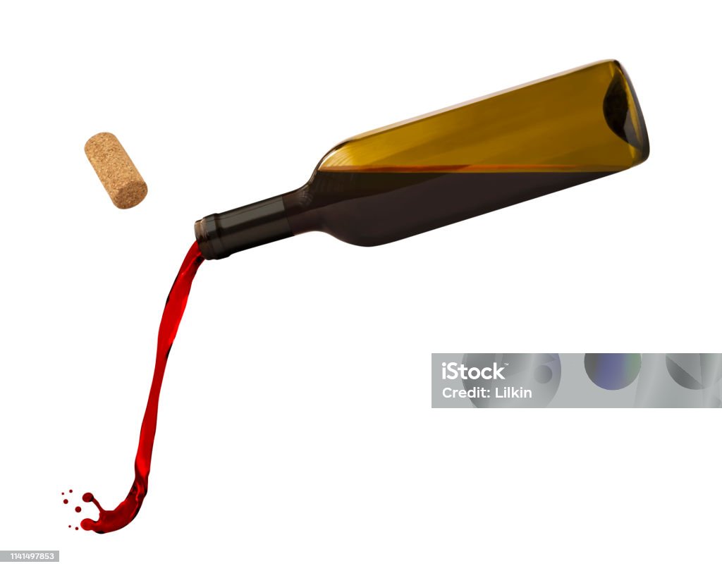 Bottle with flowing red wine Flying bottle with flowing red wine isolated on white background Wine Stock Photo