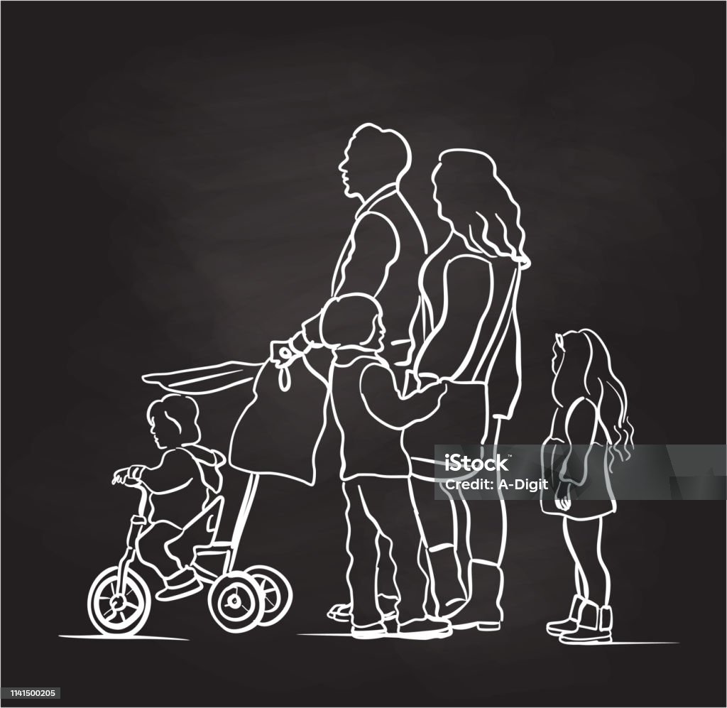 Precious Times Chalk Profile of a family with three children, the toddler is on a tricycle and parents are standing together Art stock vector