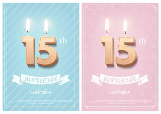 Vector illustration of Burning number 15 birthday candles with vintage ribbon and birthday celebration text on textured blue and pink backgrounds in postcard format. Vector vertical fifteenth birthday invitation templates.