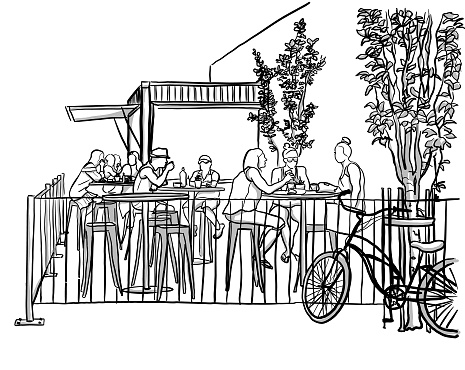 illustration of a fast food restaurant with a large terrace and high tables and stools with customers eating outside