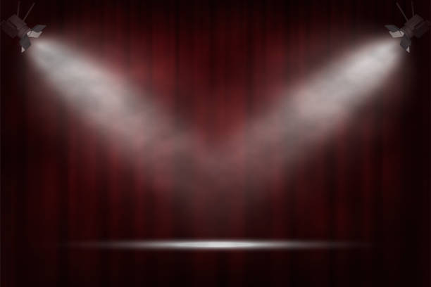 ilustrações de stock, clip art, desenhos animados e ícones de spotlights on red curtain background. vector cinema, theater or circus background. - stage costume