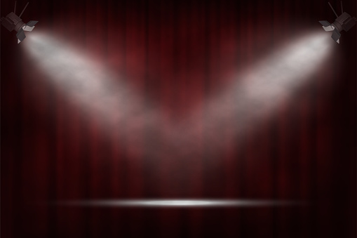 Spotlights on red curtain background. Vector cinema, theater or circus background