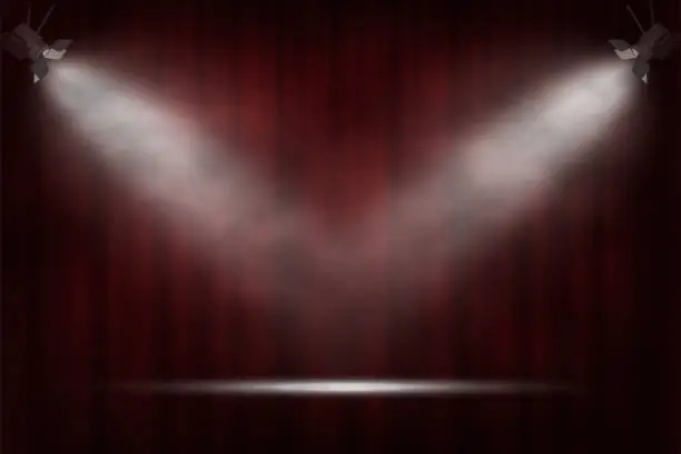 Vector illustration of Spotlights on red curtain background. Vector cinema, theater or circus background.