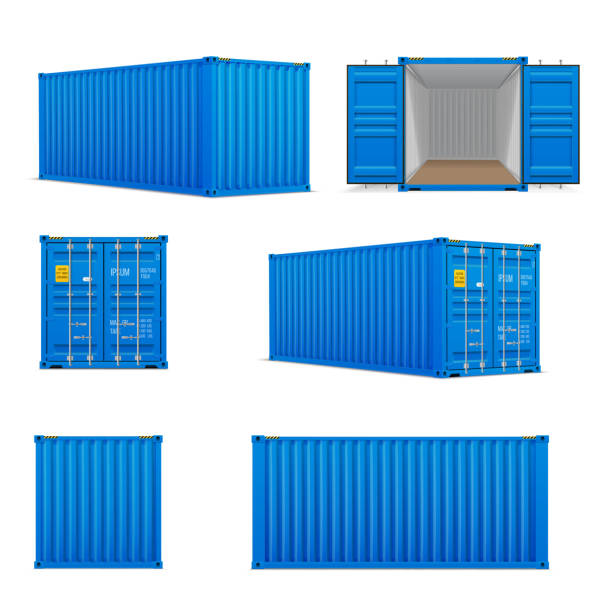 realistischer satz von leuchtend blauen frachtcontainern.   vorderseite, seitlicher rücken und perspektive - container stock-grafiken, -clipart, -cartoons und -symbole
