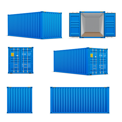 Realistic set of bright blue  cargo containers.   Front, side back and perspective view.  Open and closed. Delivery, transportation, shipping freight transportatio