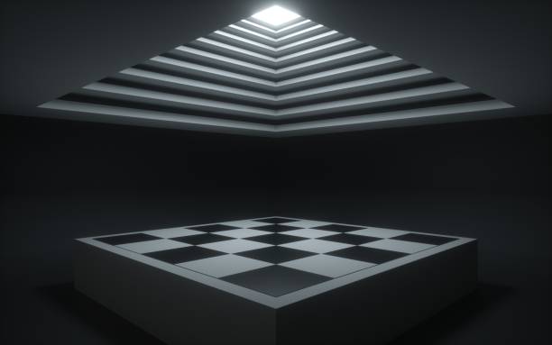 3d render, abstract background, geometrical shapes, chess board, showcase platform mockup, white ceiling light, empty dark room