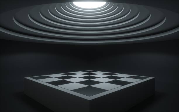 istock 3d render, abstract background, geometrical shapes, chess board, showcase platform mockup, white ceiling light, empty dark room 1141501879