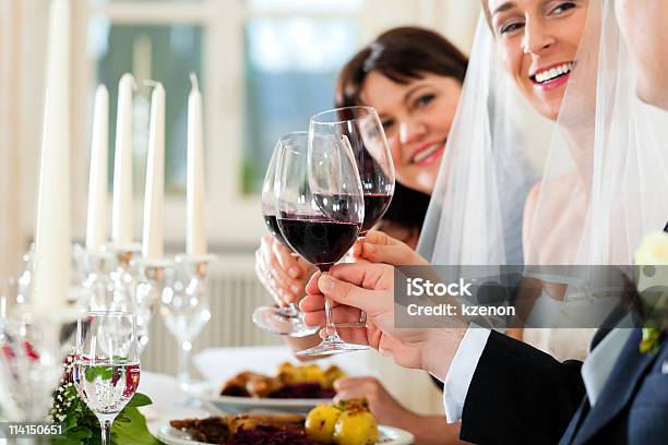 Wedding Party At Dinner Stock Photo - Download Image Now - Bride, Groom - Human Role, Eating