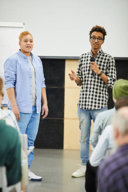 istock Presenting results of social experiment at conference 1141509201