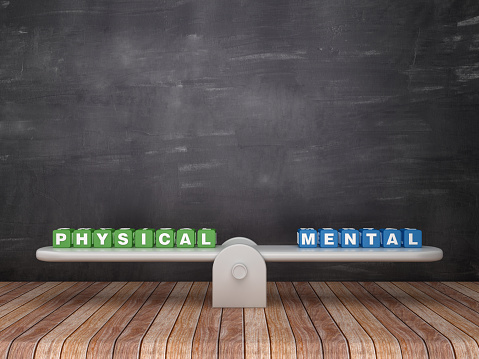 Seesaw Scale with PHYSICAL MENTAL Cubes on Chalkboard Background - 3D Rendering