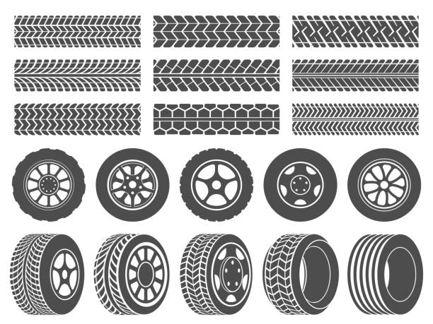 휠 타이어. 자동차 타이어 트 레드 트랙, 오토바이 경주 바퀴 아이콘 및 더러운 타이어 트랙 벡터 일러스트 레이 션 세트 - tire track 이미지 stock illustrations