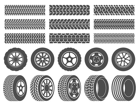 Wheel tires. Car tire tread tracks, motorcycle racing wheels icons and dirty tires track. Motocross bike trail, vehicle track or auto race tires. Vector isolated symbols illustration set