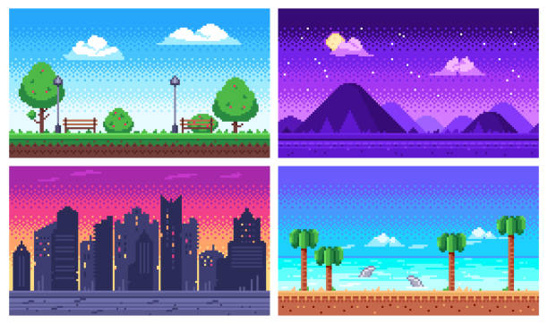 illustrations, cliparts, dessins animés et icônes de paysage d’art de pixel. plage d’été de l’océan, parc de la ville 8 bits, paysage urbain de pixel et montagnes de paysages d’arcade de fond de vecteur de jeu - colonnade