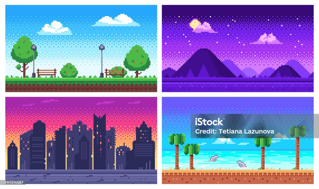 Pixel art landscape. Summer ocean beach, 8 bit city park, pixel cityscape and highlands landscapes arcade game vector background Pixel art landscape. Summer ocean beach, 8 bit city park, pixel cityscape and highlands landscapes arcade game. Pixelated scene, pixelation gaming playing level vector background set Pixelated stock vector