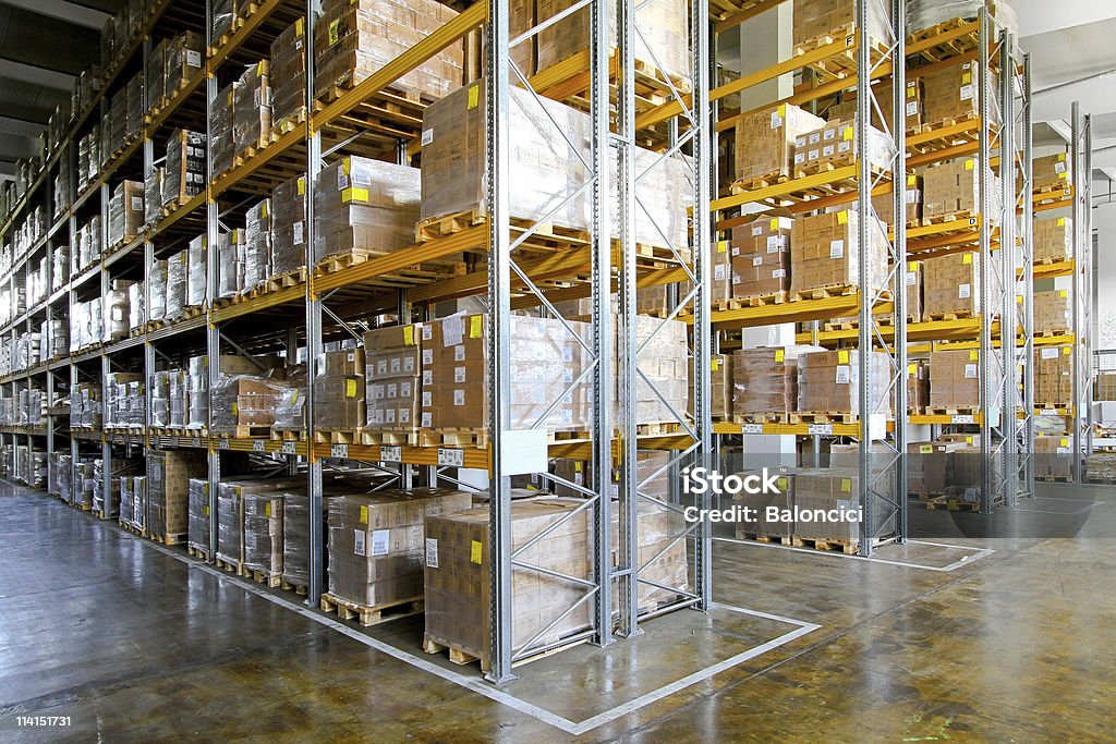 Storehouse shelves Shelves and racks in distribution storehouse interior. Shelf Stock Photo