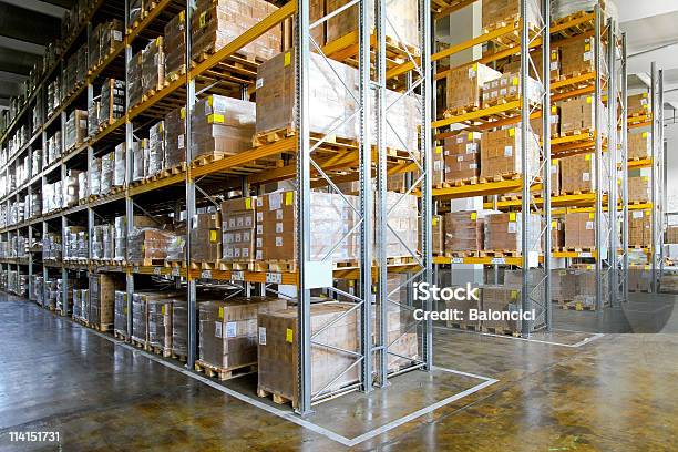 Storehouse Shelves Stock Photo - Download Image Now - Shelf, Warehouse, Box - Container