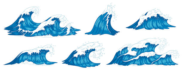 stockillustraties, clipart, cartoons en iconen met oceaan golven. raging sea water wave, vintage storm golven en rimpelingen getijden hand getrokken vector illustratie - wind surfen