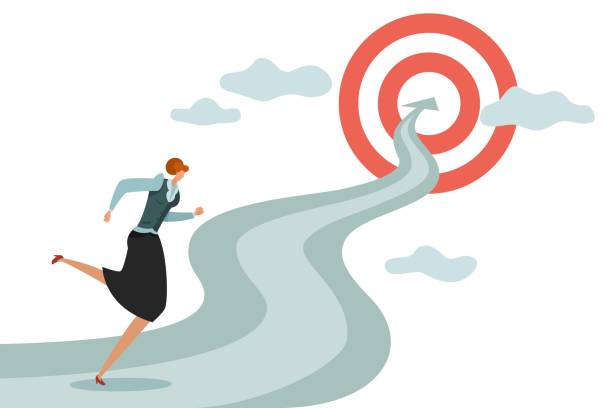 Woman goal. Business young female running to successful career and new goals, winning jumping difficulties vector illustration Woman goal. Business young female running to successful career and new goals, winning jumping difficulties to target vector illustration determination stock illustrations