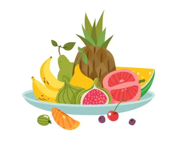 Vector illustration of Fruits plate. Dinner bowl dish fruit lunch delicious diet health fresh appetizer, cartoon vector isolated