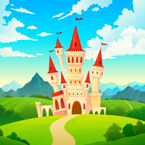 ilustraciones, imágenes clip art, dibujos animados e iconos de stock de paisaje del castillo. palacio de cuento de hadas mágico torres medievales mansión medieval castillos colina bosque verde montaña dibujo animado vector creativo - castle fairy tale palace forest