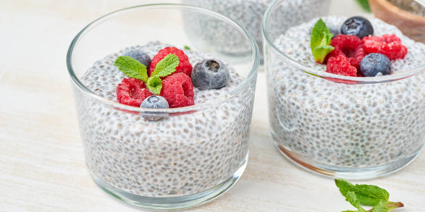 istock Banner with chia pudding with fresh berries raspberries, blueberries. Three glass, light wooden background, side view, flowers, close up. 1141523046