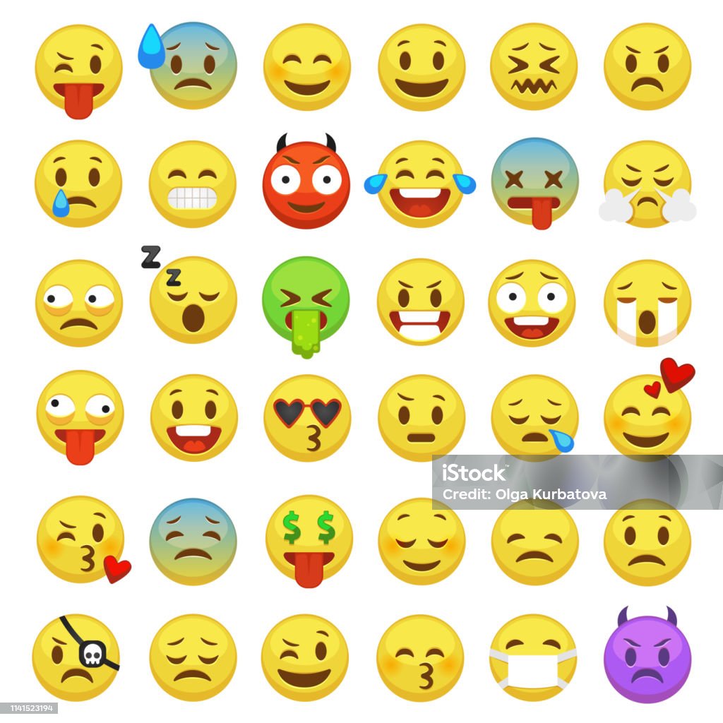 Набор смайликов. Emoji лица смайлик улыбка смешные цифровые смайлики выражение эмоции чувства чат messenger мультфильм эмоты вектор иконки - Векторная графика Эмотикон роялти-фри