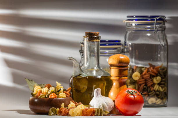 still life with ingredients for cooking dry pasta