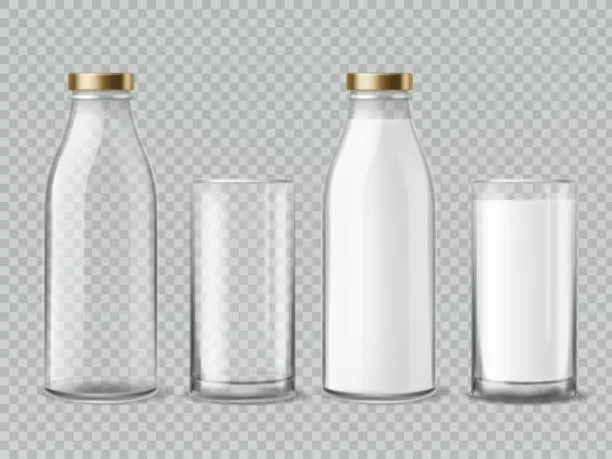 Vector illustration of Milk bottle and glass. Empty and full milk realistic bottles glasses dairy beverage product isolated vector mockup