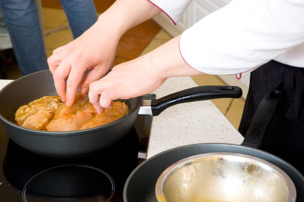Chef frying chicken fillet