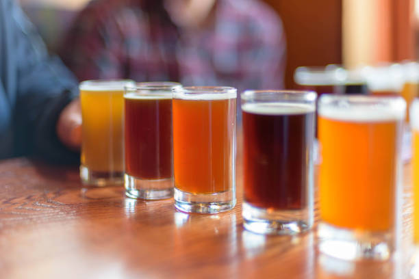 istock Closeup of craft beer flight lined up on tabletop 1141526052