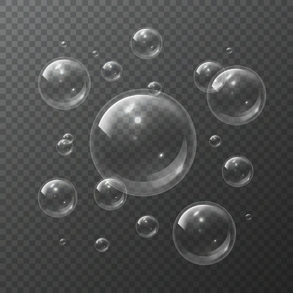 Soap bubbles. Aqua clear spheres blowing air foam bubble shampoo soap transparent bubbling shiny bubbly 3d isolated vector texture