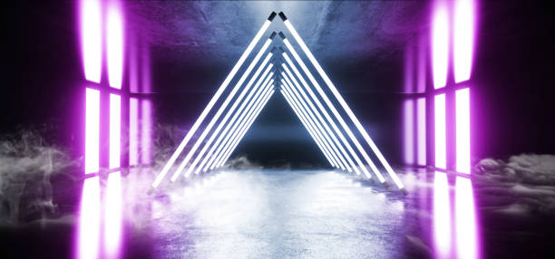 istock Smoke Fog Alien Sci Fi Modern Futuristic Neon Fluorescent Virtual Reality Triangle Shaped Blue Purple Vibrant Lights In Empty Studio Dark Reflective Grunge Concrete Stage Ship 3D Rendering 1141527851
