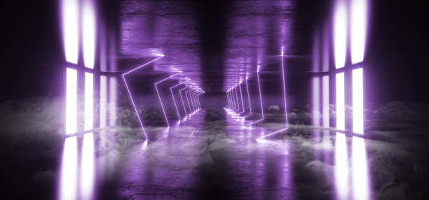 istock Smoke Alien Sci Fi Modern Futuristic Neon Fluorescent Virtual Reality Triangle Shaped Blue Violet Vibrant Lights In Empty Studio Dark Reflective Grunge Concrete Stage Ship 3D Rendering 1141527859