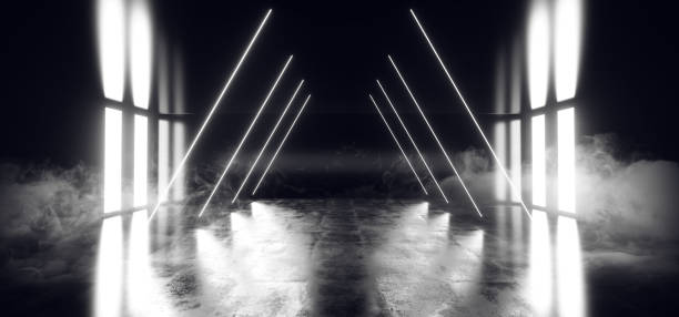 istock Smoke Fog Alien Sci Fi Modern Futuristic Neon Fluorescent Virtual Reality Triangle Shaped White Lights In Empty Studio Dark Reflective Grunge Concrete Stage Ship 3D Rendering 1141527873