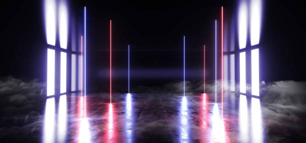 istock Smoke Fog Sci Fi Virtual Glowing Vibrant Neon Futuristic Studio Stage Podium Empty Reflective Blue Purple Glowing Lights Grunge Concrete Floor Dark Hall Room Corridor 3D Rendering 1141527912