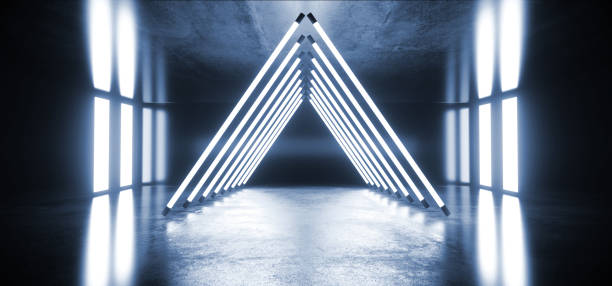 istock Alien Sci Fi Modern Futuristic Neon Fluorescent Virtual Reality Triangle Shaped Blue Vibrant Lights In Empty Studio Dark Reflective Grunge Concrete Stage Ship 3D Rendering 1141528851