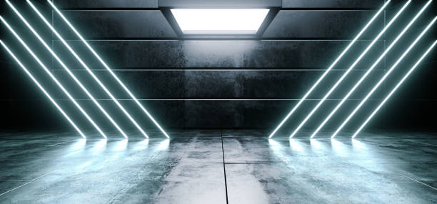 istock Virtual Dark Empty Spaceship Alien Glossy Reflective Concrete Neon Glowing Fluorescent Blue Vibrant Triangle Line Shaped Lights Cyber Reality Sci Fi Futuristic 3D Rendering 1141529108