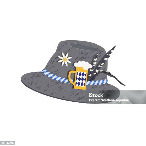 Beer Fest Felt Hat With Pins Cartoon Stock Illustration - Download Image Now - Beer Stein, Bavaria, Hat