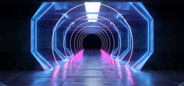 istock Virtual Reality Cyber Sci Fi Futuristic Neon Glowing Alien Ship Space Tunnel Corridor Glowoing Vibrant Fluorescent Laser Blue Purple Pink Reflective Floor Concrete Grunge 3D Rendering 1141529135