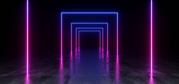 istock Purple Blue Vibrant Neon Fluorescent Rectangle Shaped Sci Fi Futuristic Track Path Grunge Concrete Glossy Reflective Floor Underground Garage Black Psychedelic Pattern 3D Rendering 1141529278