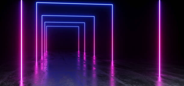 istock Purple Blue Vibrant Neon Fluorescent Rectangle Shaped Sci Fi Futuristic Track Path Grunge Concrete Glossy Reflective Floor Underground Garage Black Psychedelic Pattern 3D Rendering 1141529319