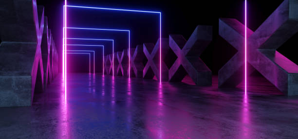 istock Purple Blue Dark Vibrant Neon Fluorescent Rectangle Shaped Sci Fi Futuristic Track Path Grunge Concrete Cross Shaped Glossy Reflective Floor Underground Garage Black Psychedelic Pattern 3D Rendering 1141529355